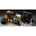 A pair of Hoya binoculars, a pair of Jockey Club field glasses, 35mm cameras, Kodak,