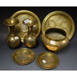 A collection of seven pieces of silver and copper inlaid Cairoware