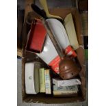 Boxes and Objects - an enamel slipper bed pan; a Jeyes ceramic toilet tissue dispenser;