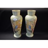 A pair of Victorian sage glass baluster vases, painted in colours,