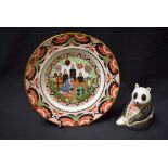 A Royal Crown Derby paperweight Panda, boxed; a Royal Crown Derby Christmas plate, limited edition,