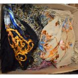 Vintage Costume - a 1920s Lamé metallic shawl; another similar; a cut velvet shawl,