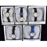 Watches - Timex, a Ladys T2H341 gold coloured dress watch, white dial, Arabic numerals,