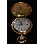 A Swiss 14ct gold cased quarter repeating full hunter pocket watch, white dial,