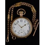 A Dennison Moon gold plated open face pocket watch, white dial, Arabic numerals, minute track,