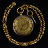 Watches - a continental 18ct gold cased open face pocket watch, gilt dial, Roman numerals,