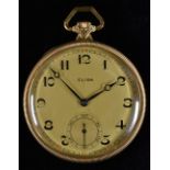 Elida - a 14ct gold cased open face pocket watch, textured dial, Arabic numerals, minute track,