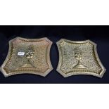 A pair of Indian brass incurved canted square trays or waiters, each centred by an open palm motif,
