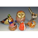 Royal Crown Derby - a Tawny Owl paperweight; others Robin, Linnet, Bullfinch Nesting,