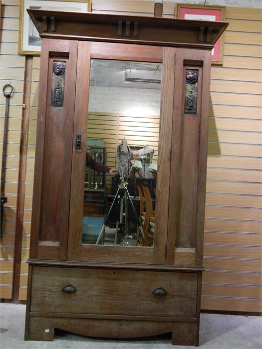 Arts and crafts Oak Wardrobe, mirrored door, stylised copper / metal inset - pelmet and base