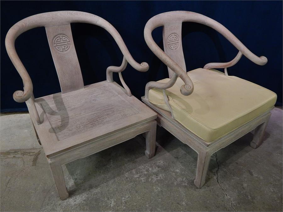 Pair of limed Chinese horseshoe chairs. - Image 3 of 5