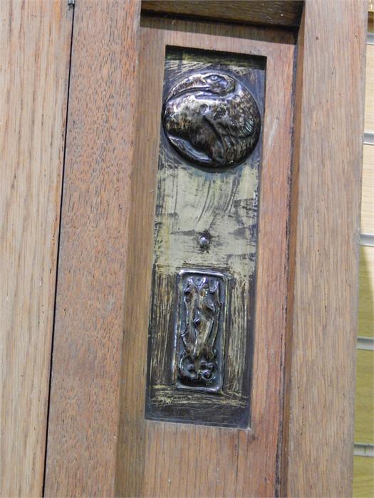 Arts and crafts Oak Wardrobe, mirrored door, stylised copper / metal inset - pelmet and base - Image 6 of 8