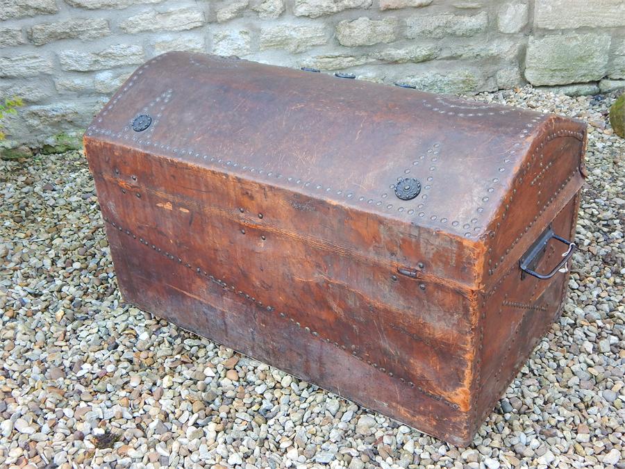 Leather clad brass studded dometop trunk. - Image 8 of 8