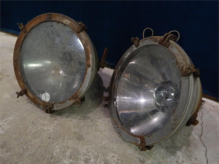 A Pair of Galvanised Industrial Lamps with Glass Covers, could be hung on chains or floor mounted. - Image 3 of 7