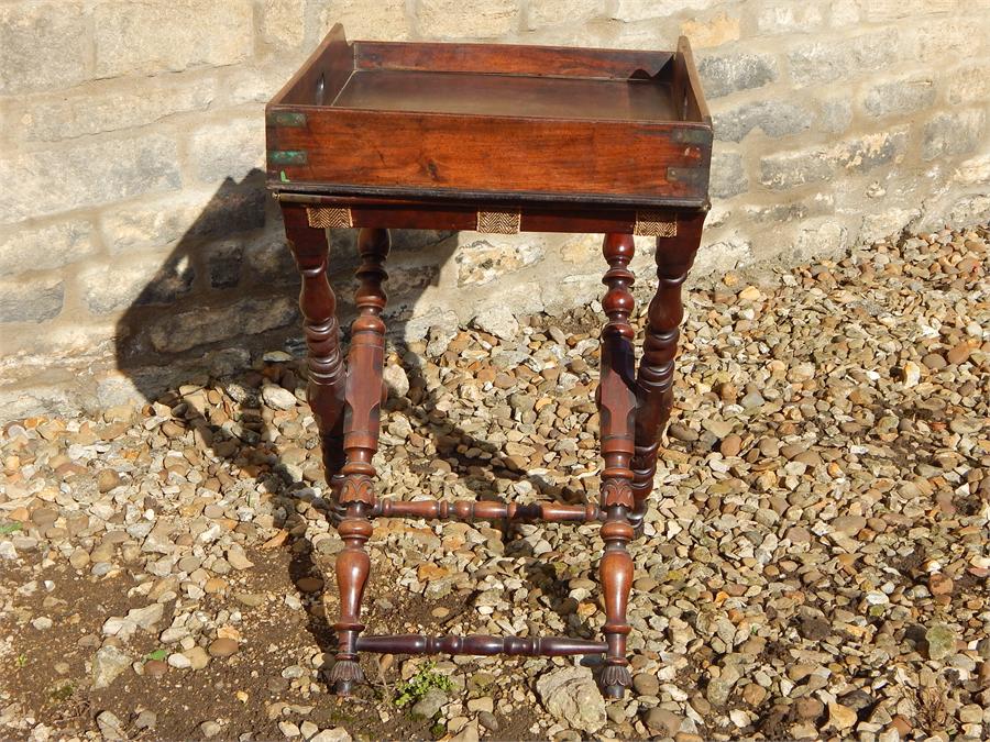 Mahogany Campaign Table with Fold-out Leaf, and Associated tray "Camp" table. Brass Female fitting - Image 11 of 17