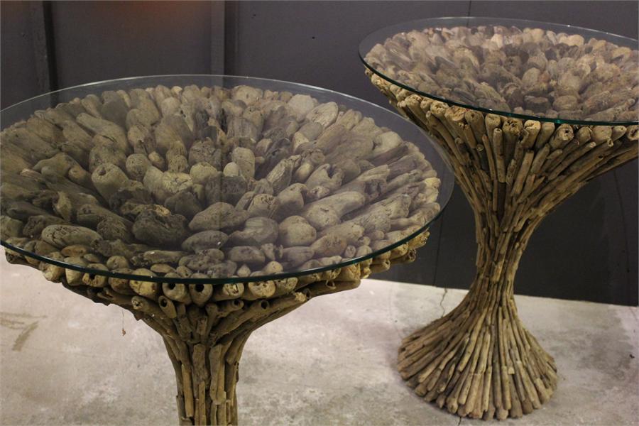 A pair of driftwood round glass top display tables. glass tops not attached. - Image 6 of 8