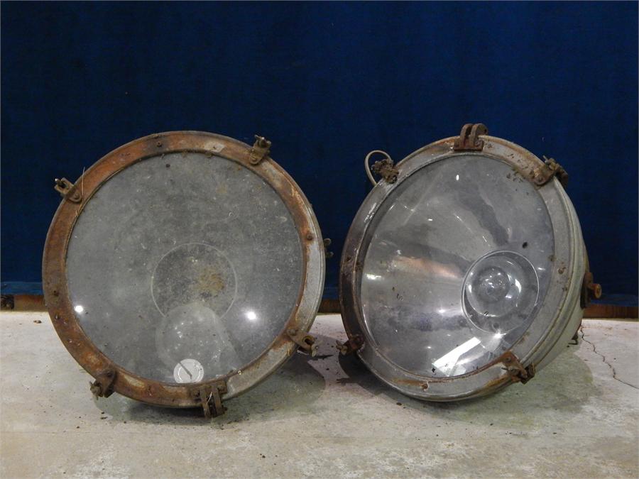 A Pair of Galvanised Industrial Lamps with Glass Covers, could be hung on chains or floor mounted. - Image 2 of 7