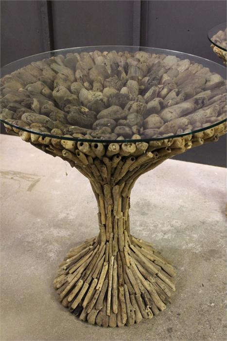 A pair of driftwood round glass top display tables. glass tops not attached. - Image 5 of 8