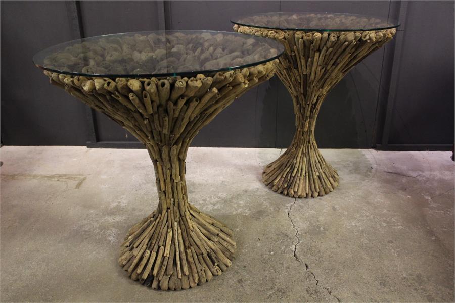 A pair of driftwood round glass top display tables. glass tops not attached. - Image 2 of 8