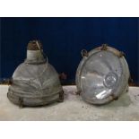 A Pair of Galvanised Industrial Lamps with Glass Covers, could be hung on chains or floor mounted.