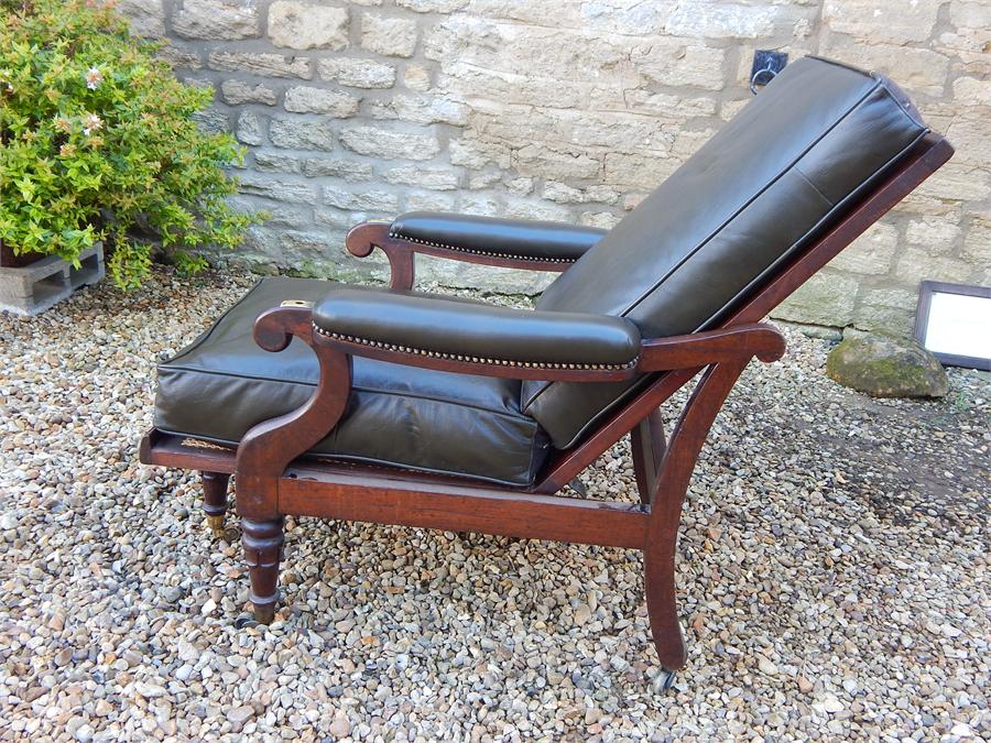 A William iV Metamorphic Adjustable Reclining Mahogany Bergere Library Armchair, with pull out leg - Image 8 of 11