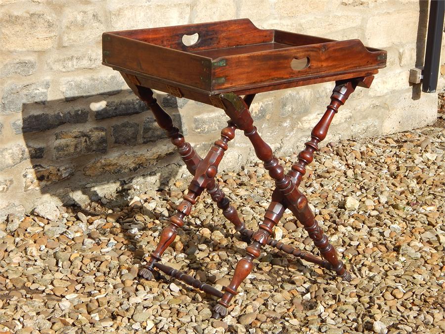 Mahogany Campaign Table with Fold-out Leaf, and Associated tray "Camp" table. Brass Female fitting