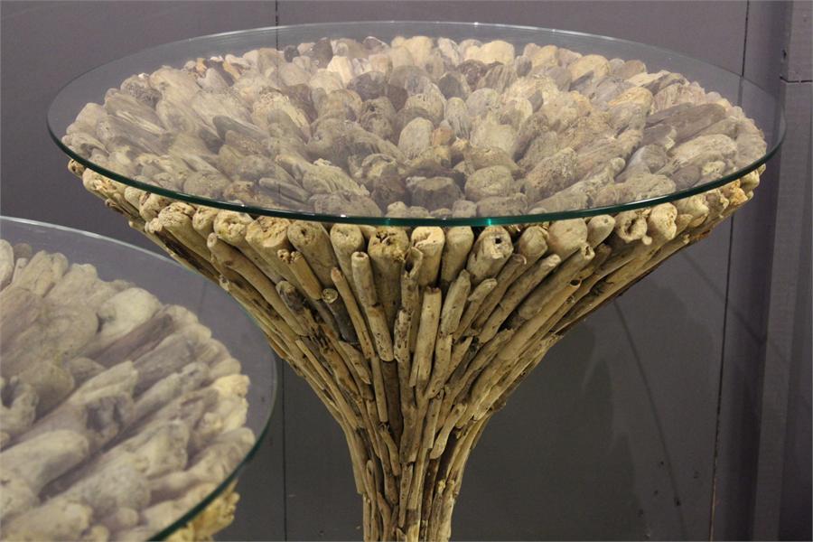 A pair of driftwood round glass top display tables. glass tops not attached. - Image 7 of 8