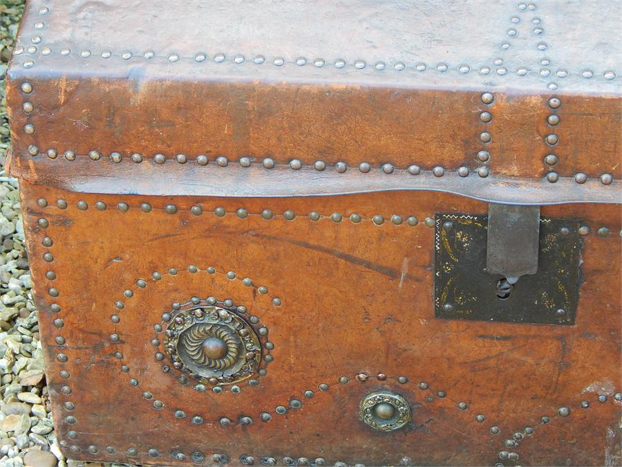 Leather clad brass studded dometop trunk. - Image 3 of 8