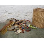 Musical instruments, tambourines, multi guiro. In wicker basket.