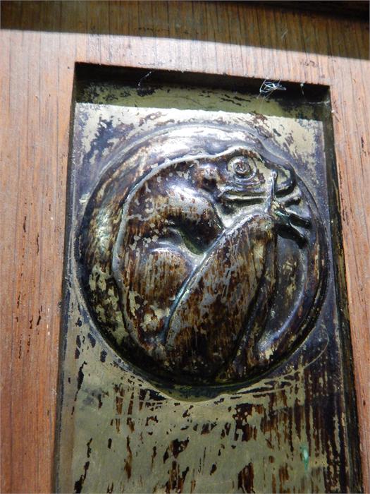 Arts and crafts Oak Wardrobe, mirrored door, stylised copper / metal inset - pelmet and base - Image 4 of 8