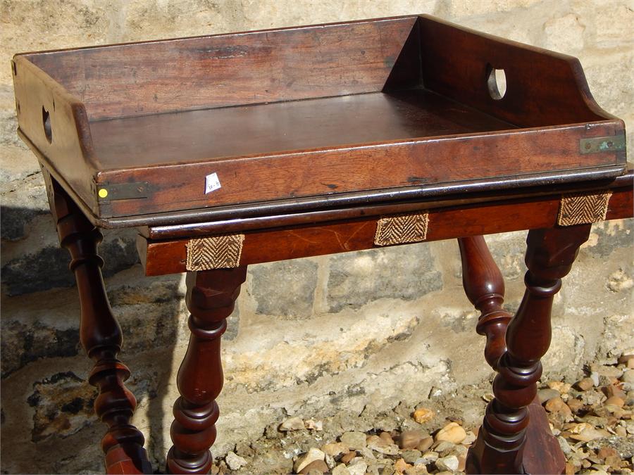 Mahogany Campaign Table with Fold-out Leaf, and Associated tray "Camp" table. Brass Female fitting - Image 9 of 17