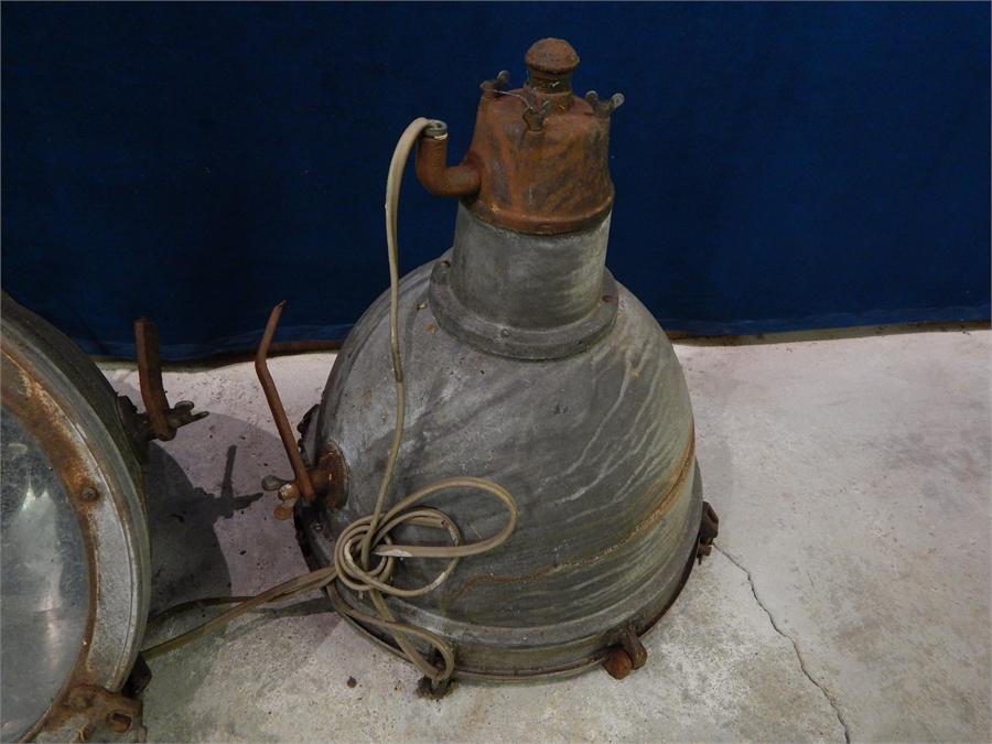 A Pair of Galvanised Industrial Lamps with Glass Covers, could be hung on chains or floor mounted. - Image 6 of 7