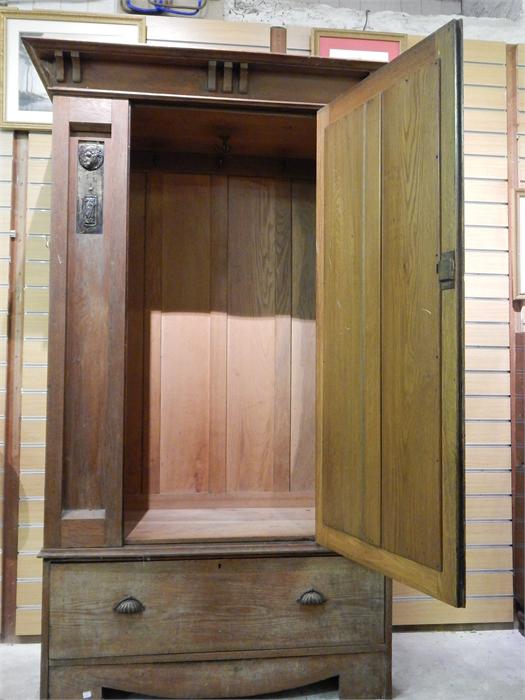 Arts and crafts Oak Wardrobe, mirrored door, stylised copper / metal inset - pelmet and base - Image 2 of 8