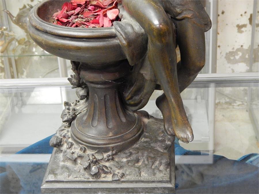 After Moreau, Nouveau signed bronzed/bronze nude sitting on pedestal bird bath, approximate - Image 12 of 12