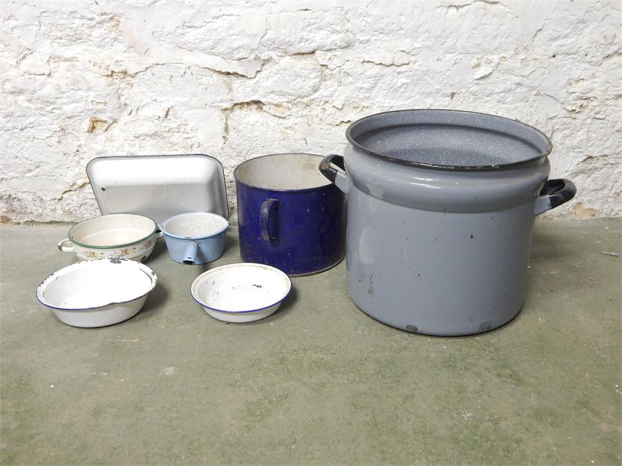 A selection of enamel pots / planters, trays and a pan. - Image 4 of 4