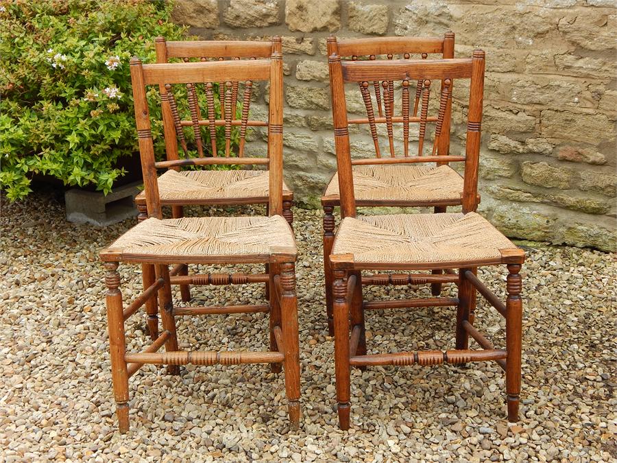 A Set of Four Matching Elm Country Kitchen Rush Seated Side Chairs, turned spindle Backs in a fan - Image 8 of 12