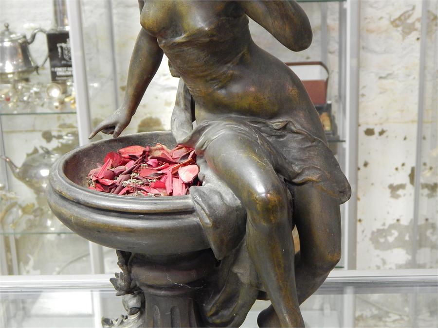After Moreau, Nouveau signed bronzed/bronze nude sitting on pedestal bird bath, approximate - Image 10 of 12