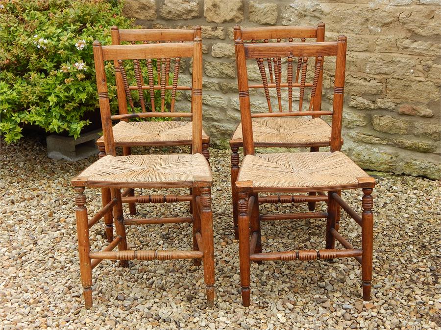 A Set of Four Matching Elm Country Kitchen Rush Seated Side Chairs, turned spindle Backs in a fan - Image 2 of 12