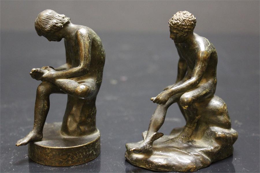 Two bronze figures of seated males, one with winged feet. Height: - Image 3 of 18