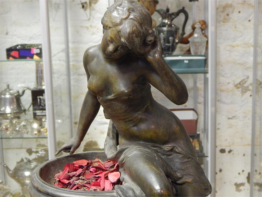 After Moreau, Nouveau signed bronzed/bronze nude sitting on pedestal bird bath, approximate - Image 5 of 12