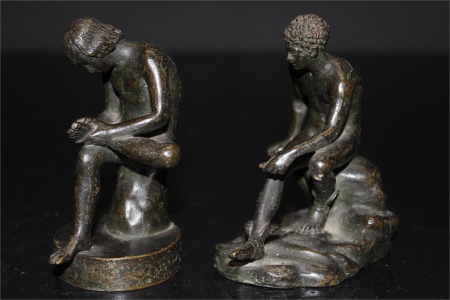 Two bronze figures of seated males, one with winged feet. Height: - Image 10 of 18