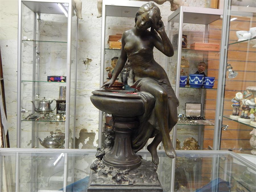After Moreau, Nouveau signed bronzed/bronze nude sitting on pedestal bird bath, approximate - Image 7 of 12