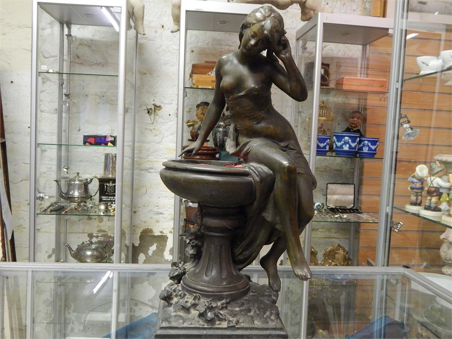 After Moreau, Nouveau signed bronzed/bronze nude sitting on pedestal bird bath, approximate - Image 2 of 12
