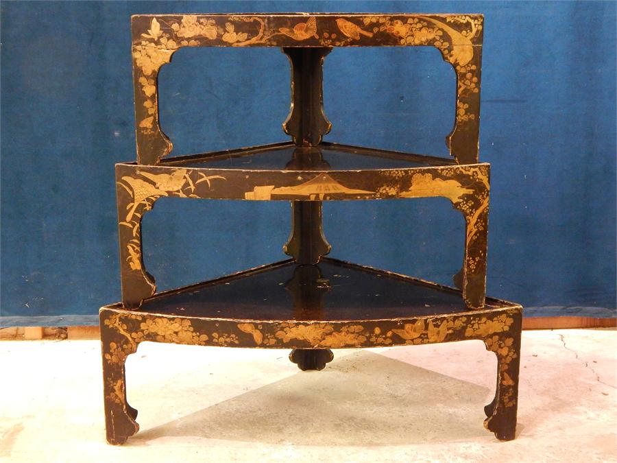 A nest of three black lacquer and painted graduating Oriental / Chinese tables. Decorated with - Image 9 of 15