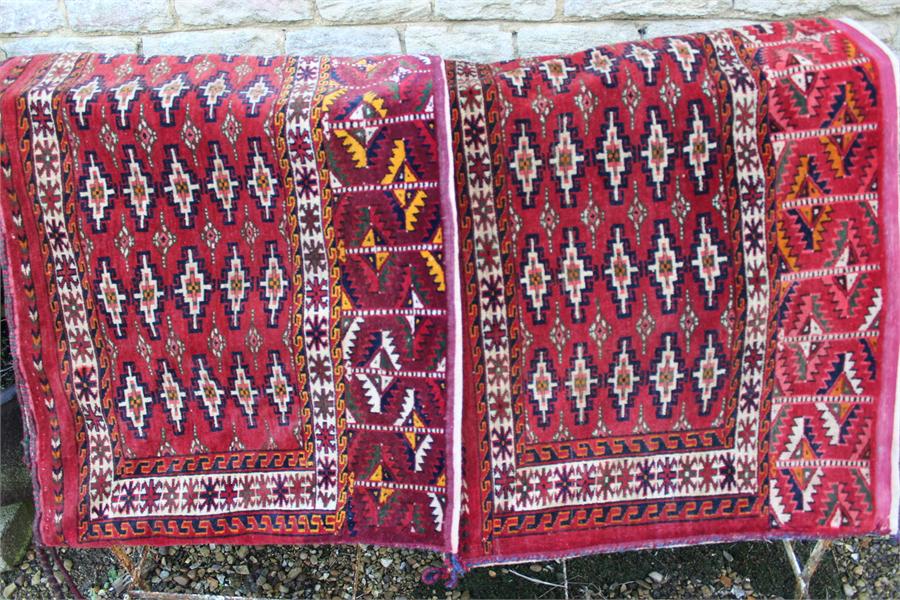 A pair of fine quality Mid 19th century turkoman yamut, very fine weave torbas;in rich red and - Image 2 of 14