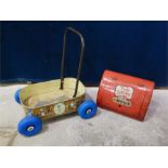 Tri-ang ATOM trike metal basket and childs tin trolley