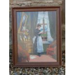 A Woolwork Tapestry needlepoint of a lady in period set bedroom, standing by a window, in a wooden