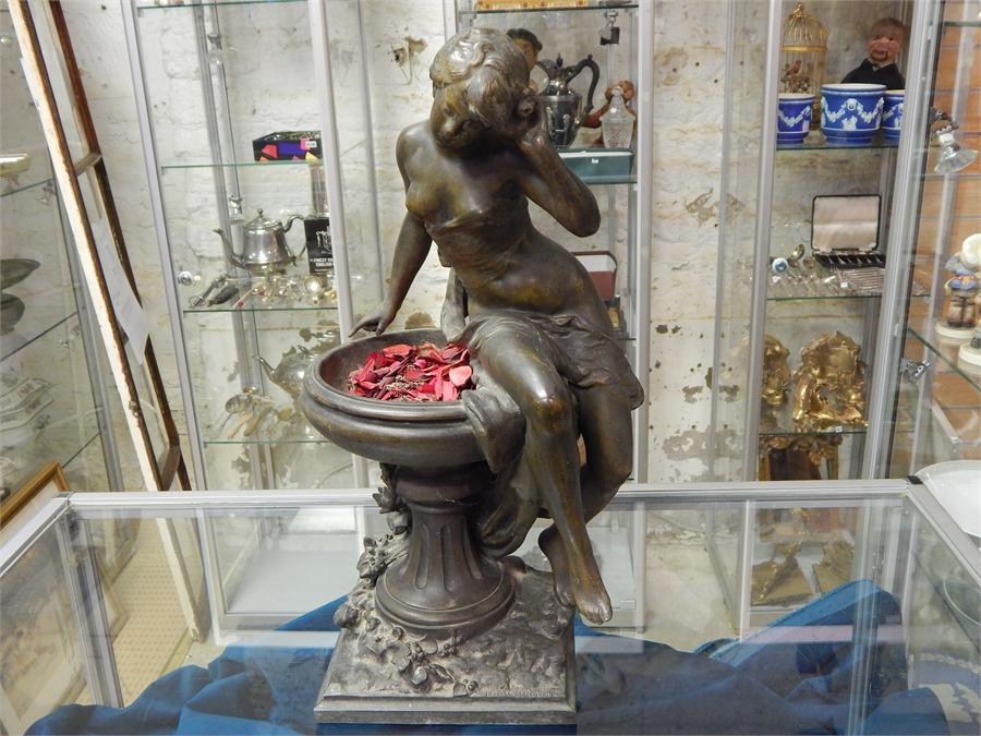 After Moreau, Nouveau signed bronzed/bronze nude sitting on pedestal bird bath, approximate - Image 9 of 12