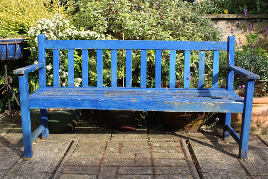 Blue painted weathered teak garden bench. The dimensions are 54 cm in depth, 82 cm in height by