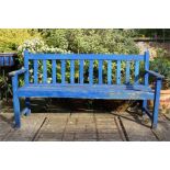 Blue painted weathered teak garden bench. The dimensions are 54 cm in depth, 82 cm in height by